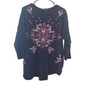 Lucky Brand Black Blouse with Multicolor Embroidery